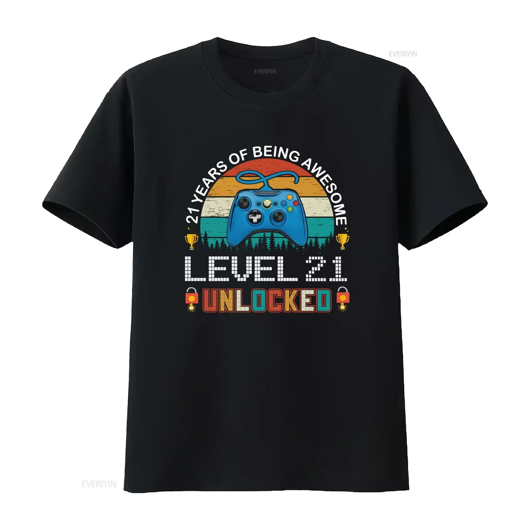 21 Years On Being Awesome Level Unlocked T Shirt 21st Birthday Casual Style Crew Neck Slight Stretch Fabric Regular Fit