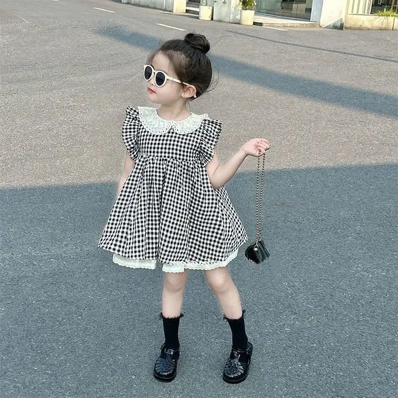 

Girls Plaid Dress Summer 2026 New Style Sweet Princess Dress with Small Flying Sleeves Children's Clothing