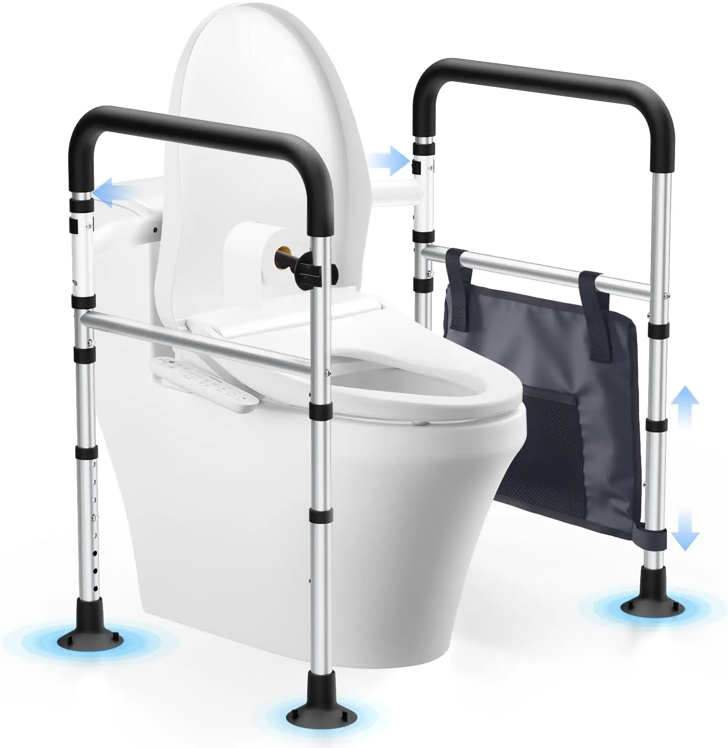 

Adjustable Toilet Safety Rails for Seniors & Disabled, Foldable Handicap Frame with Storage Bag & Tissue Holder (350LB Capacity)