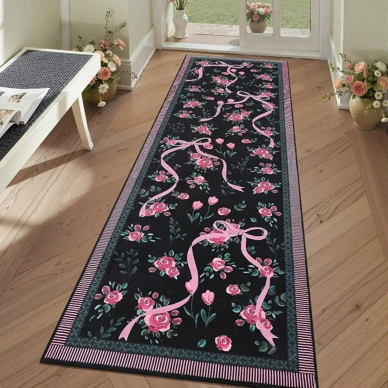 Pink Bow Floral Rug Multicolor  Bedroom Mat Living Room Carpet Office Garden Patio Balcony Floor Decor Hallway Runner Rug