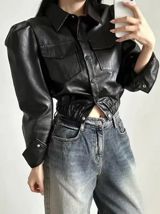 Coreano Sle versátil Retro solapa un solo botón doble ket cuero Jaet mujer ort Sve largo irt Otoño Invierno