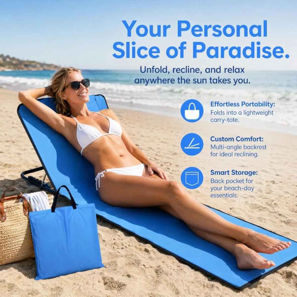 Adjustable Beach Lounge Mat with Backrest 5-Position Folding Tanning Chair Lightweight for Poolside Seat Camping Picnic Outdoor