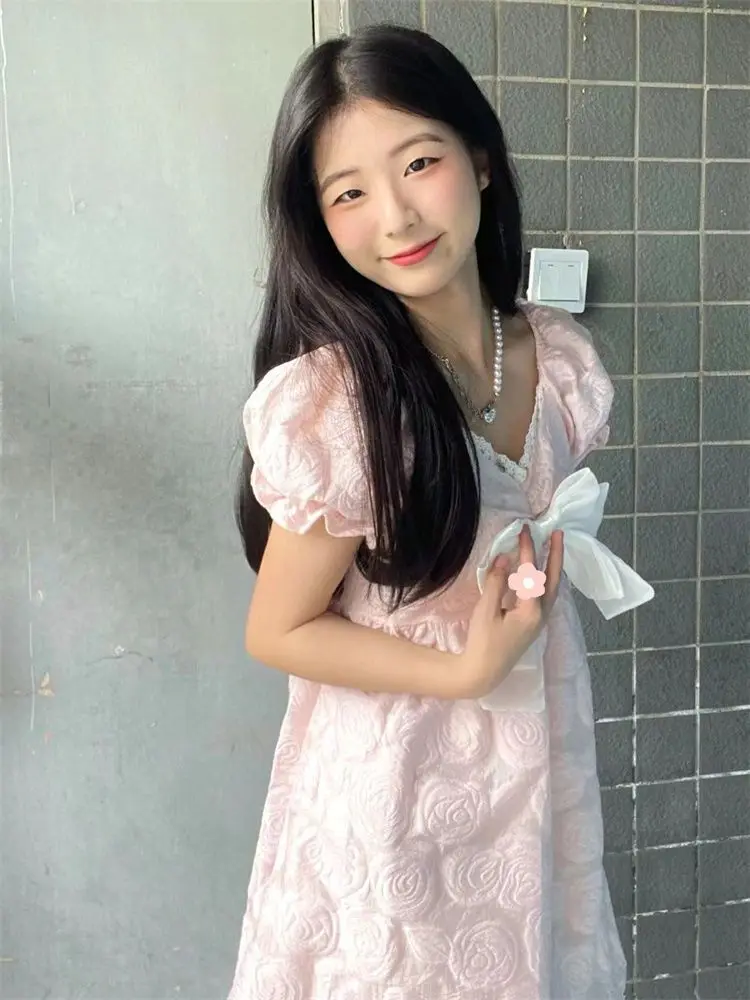 Robes douces femmes nœud fleurs bouffantes manches courtes dentelle Patchwork col en V Style Preppy été Mini robe fête décontracté