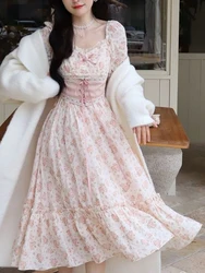 Pink Floral Print Dress Women France Style Sweet Vintage Long Dresses Female Elegant Puff Sleeve Bandage Princess Kawaii Dress