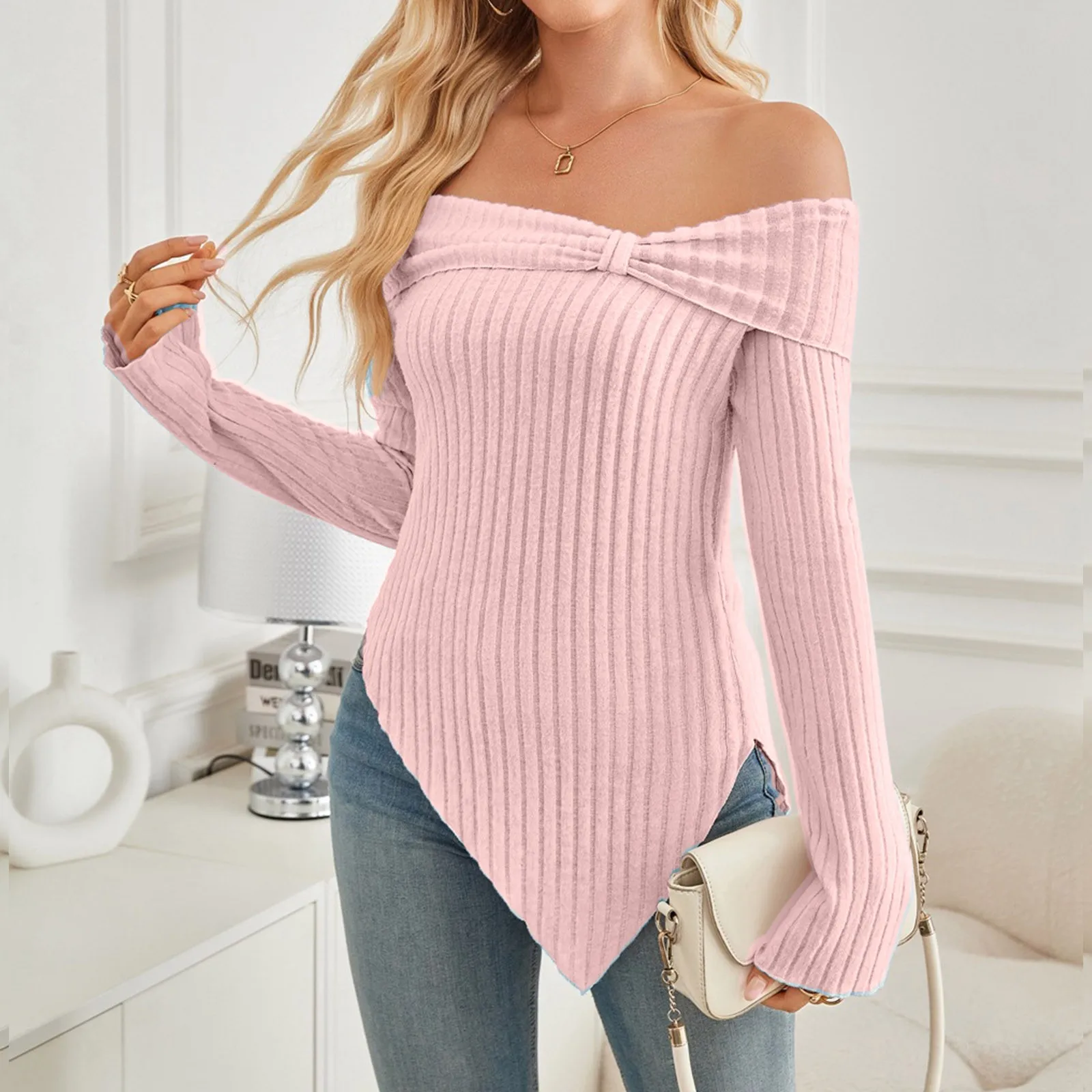 Autumn Winter Solid Color Rib Knitted Off the Shoulder Pullover Sweater Sexy Women Full Sleeve Slim Stretch Knitwear Jumper