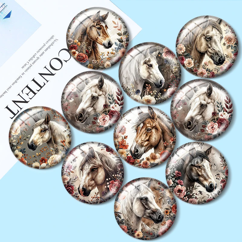 

Floral Horse 12mm/18mm/20mm/25mm Round photo glass cabochon flat back Making findings Pins Necklace