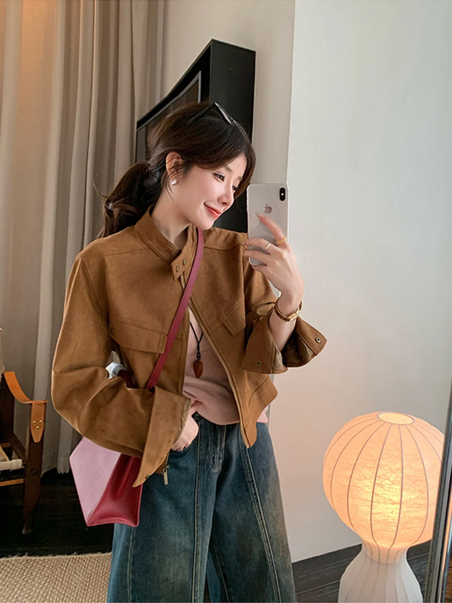 معطف نسائي جديد لربيع وخريف 2025 مصنوع من جلد الغزال عالي الإحساس مقاس صغير #4