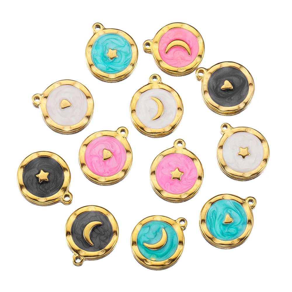 5pcs Gold Color Stainless Steel Enamel Moon Love Medal Heart Charms Pendants for DIY Earrings Necklace Jewelry Making Supplies
