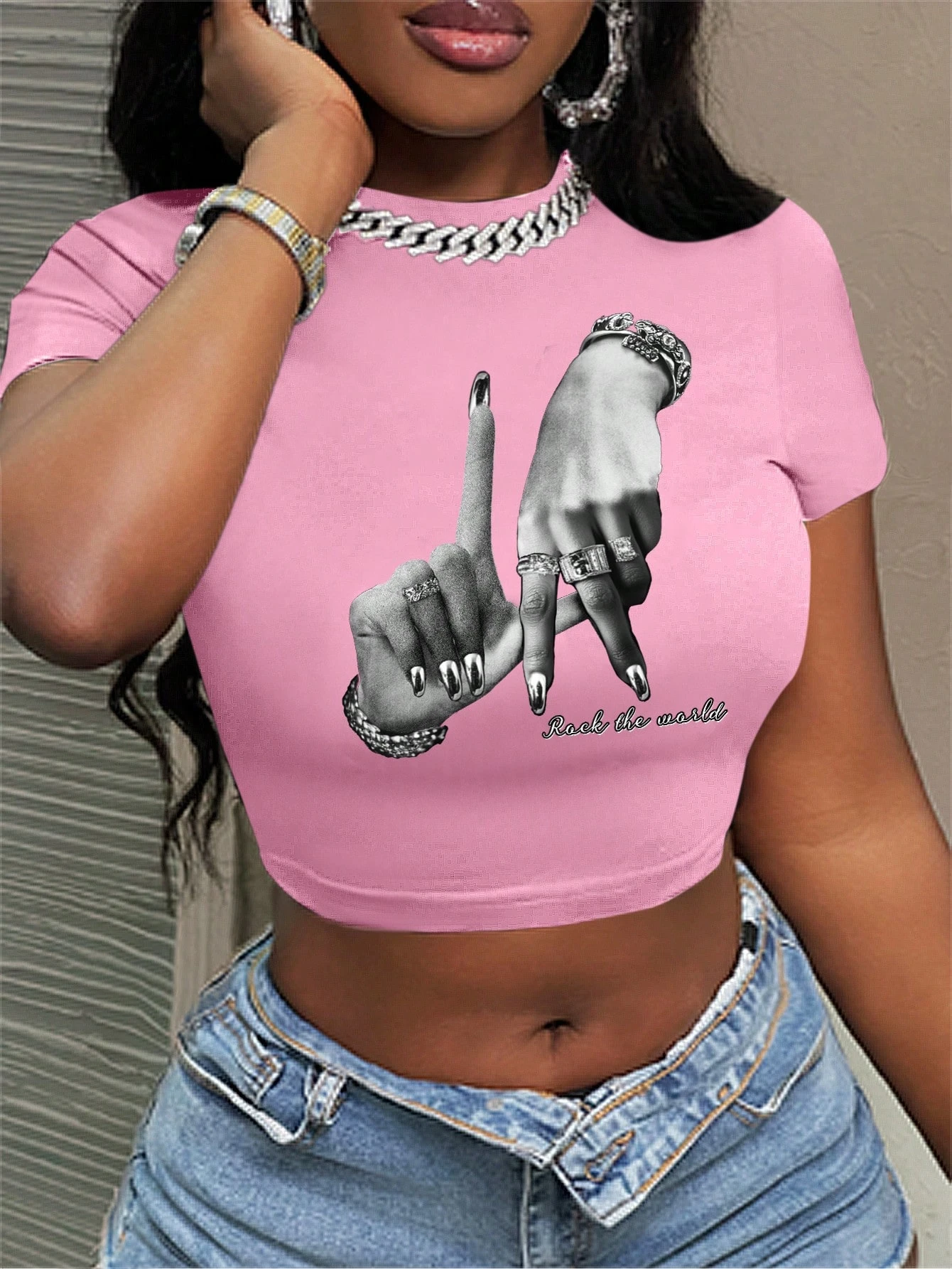 Sommer Casual Minimalistischen LA Hand Zeichen Hip Hop Print Kurzarm frauen T-shirt Crop Top T Y2k Damen Kleidung Weibliche kleidung