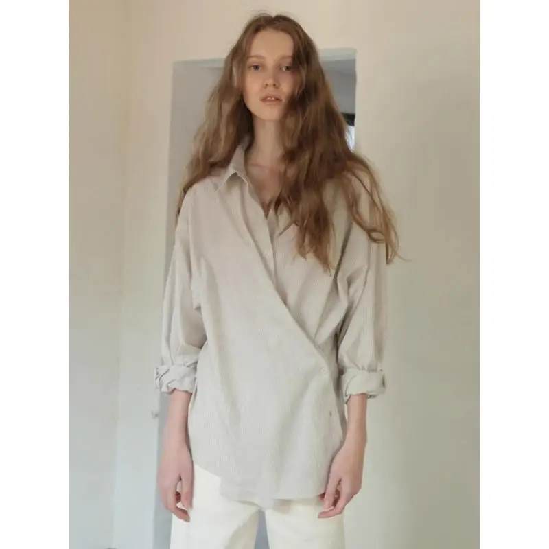 

Maxdutti Women's Blouses And Shirt Minimalist Cotton Striped Shirt With Loose Asymmetric Design Women's Shirt Woman Clothing