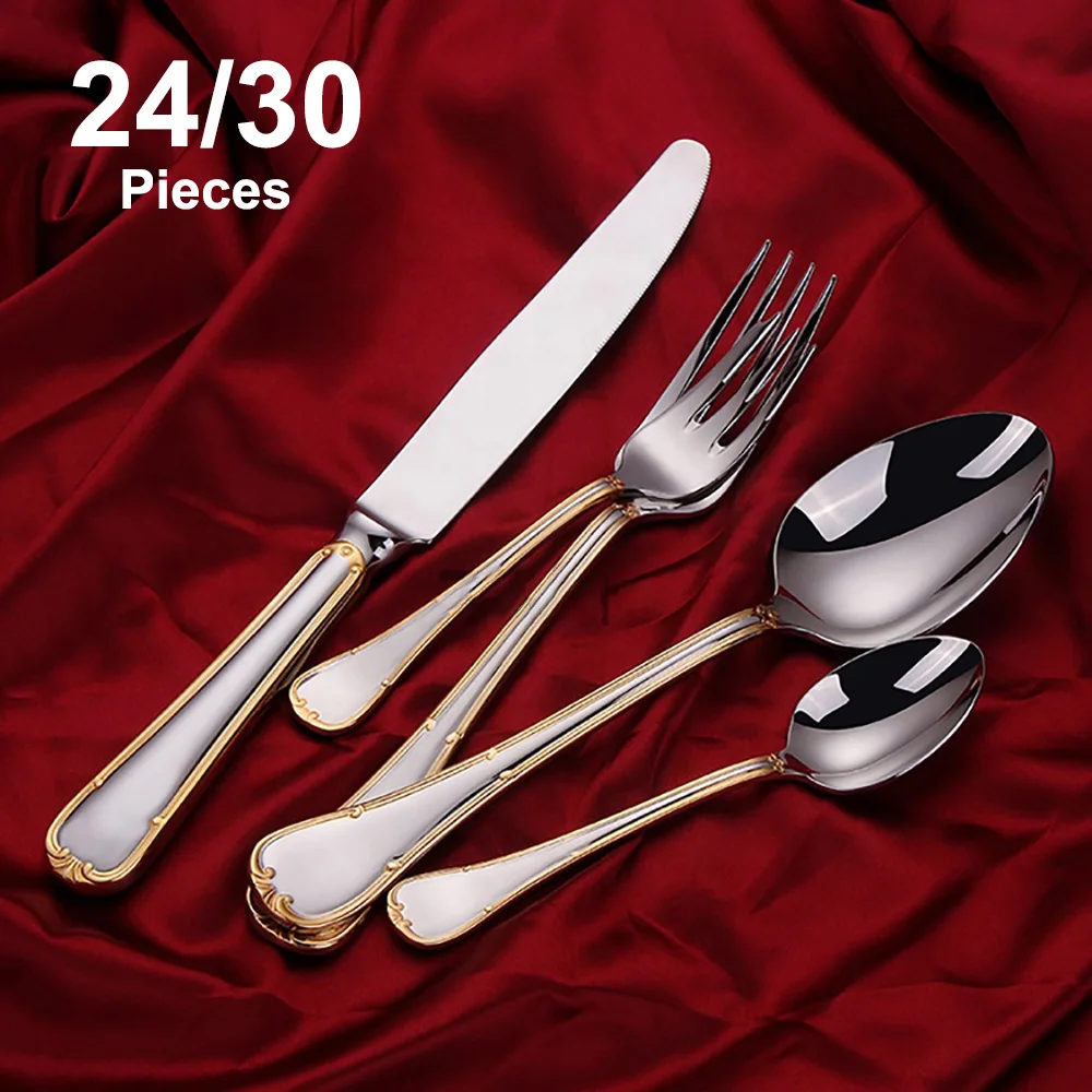 24Pcs 30Pcs Silver Tableware Stainless Steel 304 Gold Cutlery Western Dinner Set Mirror Knife Fork Spoon Dishwasher Safety