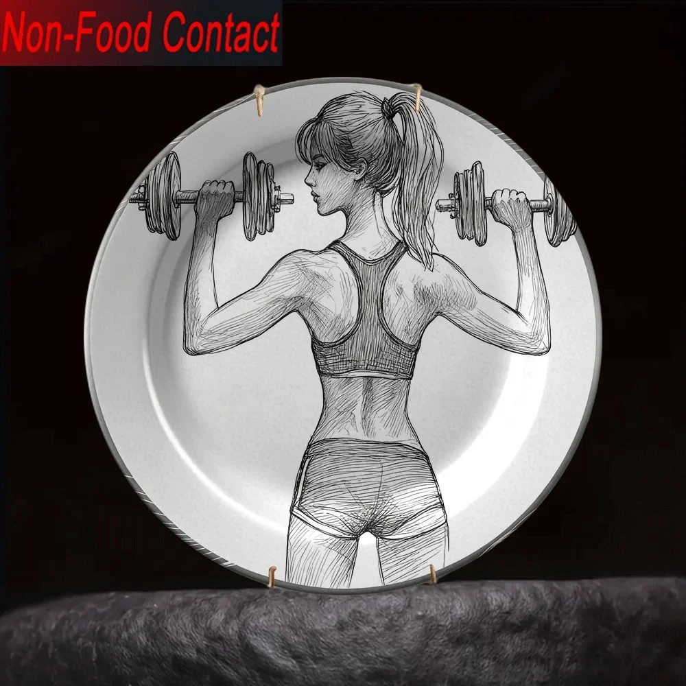 1pc Ceramic Decorative Plate - Fitness Woman with Dumbbell Design, Non-Food Contact Safe, Elegant Home Gym Wall Art for Living
