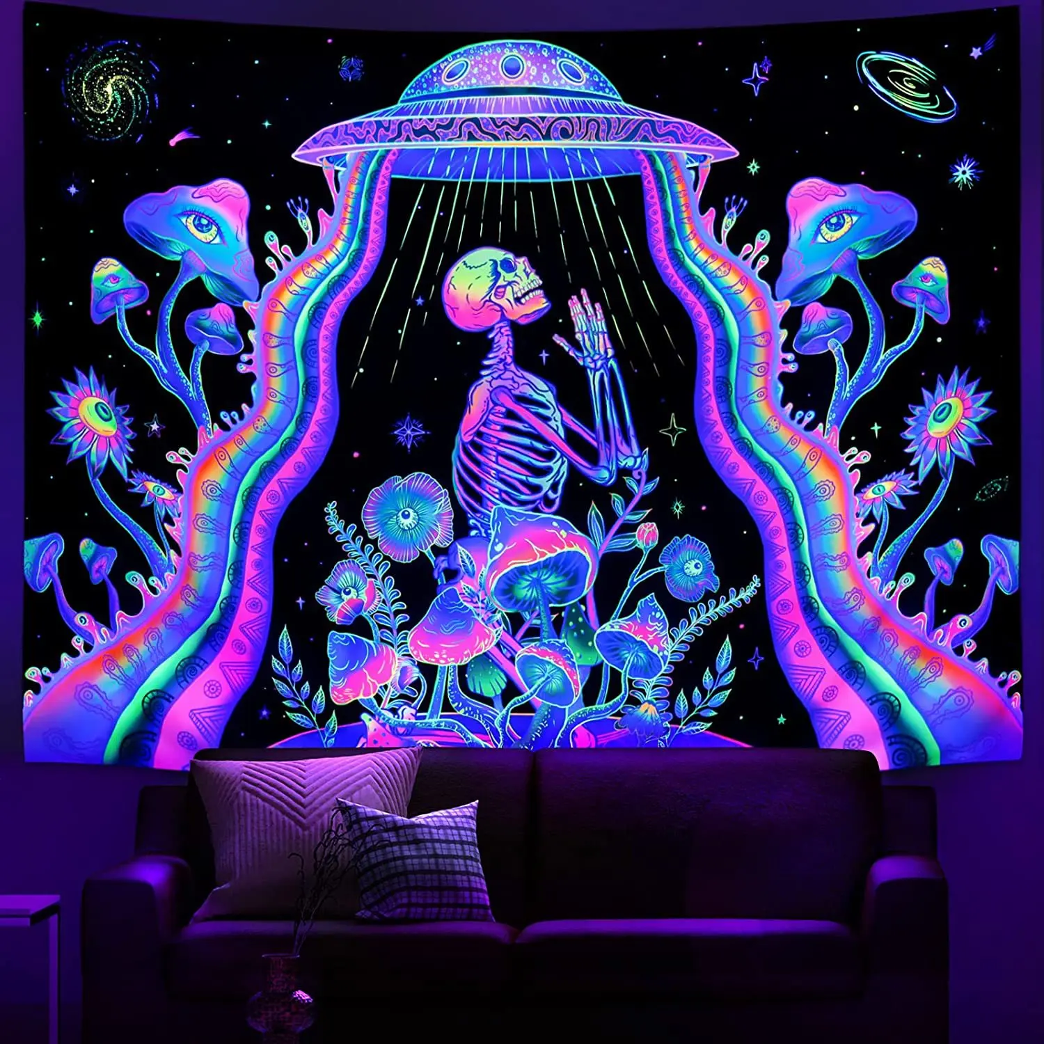 Fluorescent tapestry psychedelic ultraviolet  wall decoration  skull mushroom witchcraft aesthetic 