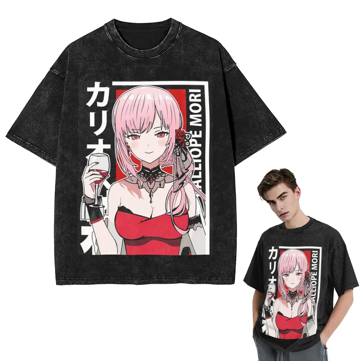 Streetwear camisetas calliope mori vestido vermelho hololive en lavado t camisa de manga curta hip hop camiseta topos camisetas para homens