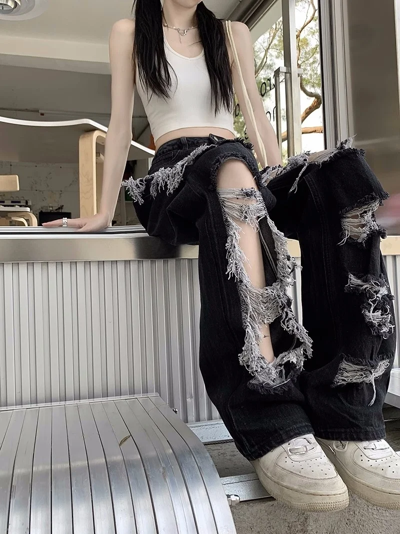 High Waist Straight Leg Jeans Women's Loose Wide Leg Pants Floor Length Torn Denim Pants Autumn Winter High Street Sle