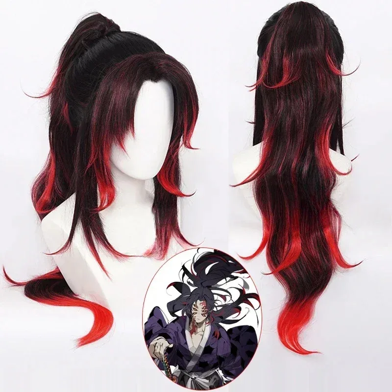 

2025 Halloween Cosplay Anime Demon Slayer Kimetsu No Yaiba Cosplay Wig Kokushibo Cosplay Black Red Hair Wig Tattoo Halloween Par