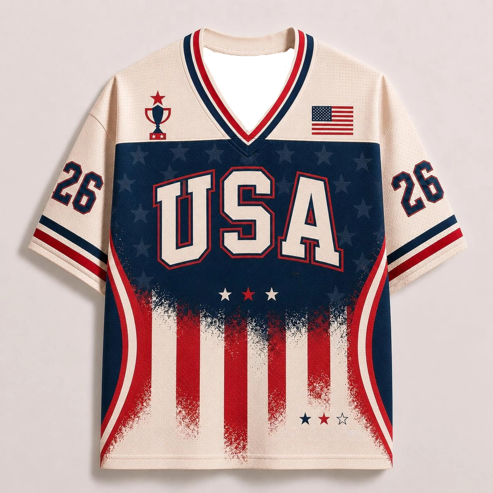 2026 Unisex Patriotic USA Flag Star Stripes No.26 Sports Jersey 3D Full Print Retro V-neck Oversized Short Sleeve Streetwear Top