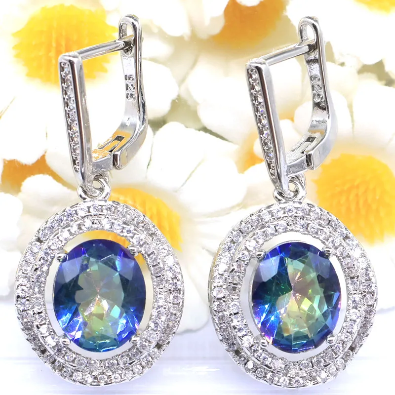 35x16mm 8.3g Stunning Color Changing Alexandrite Topaz Fire Rainbow Mystical White CZ Ladies Engagement Silver plated Earrings