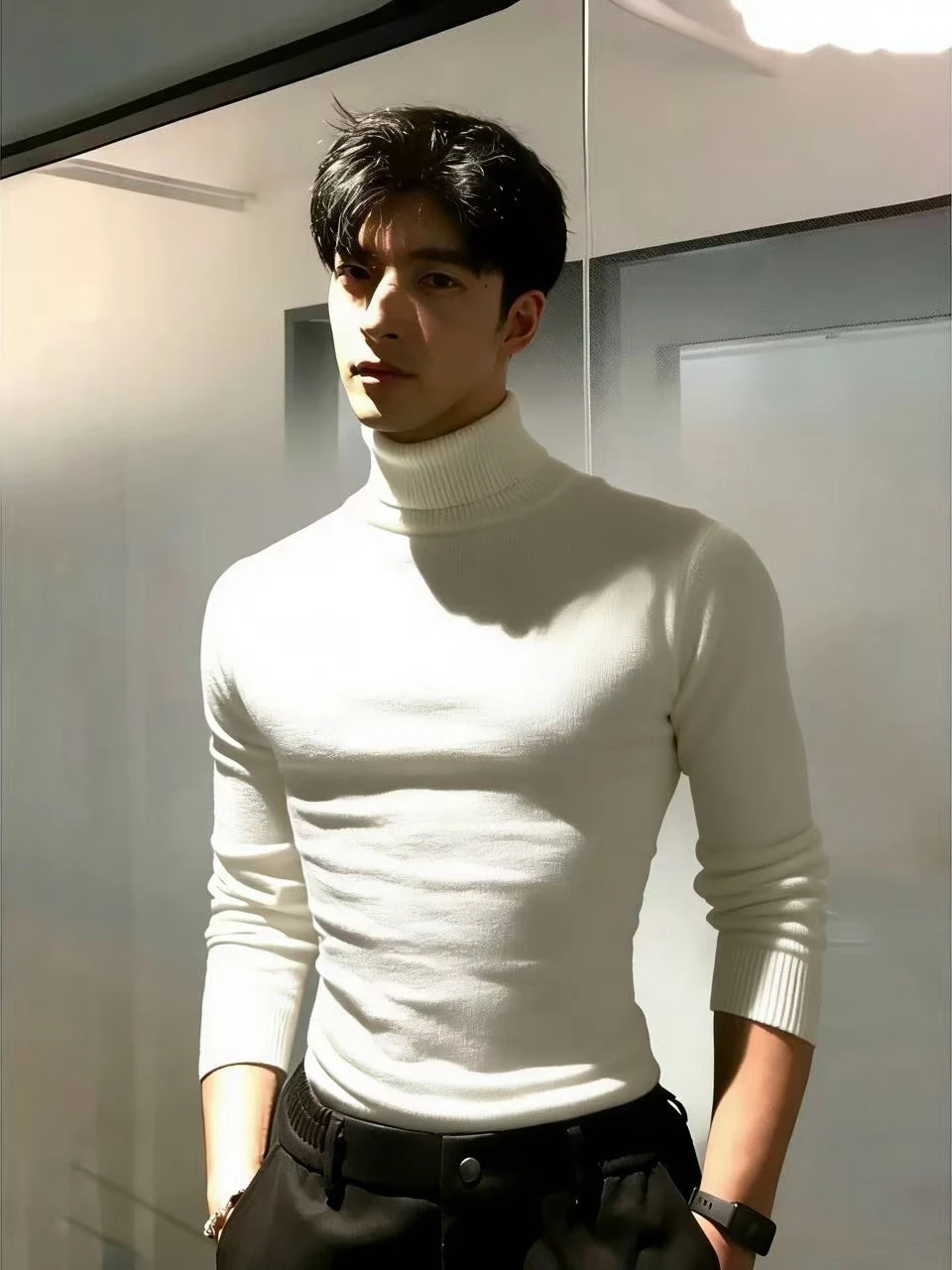 

Белый утепленный свитер с высоким воротником для мужчин, осенне-зимний, с начесом, базовая трикотажная подкладка для мужчин