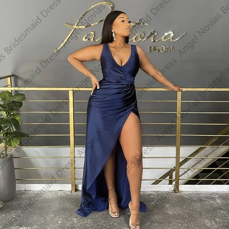 Customized Sexy Navy Blue Plus Size Bridesmaid Dresses with Split Formal Party Dress Vestido De Madrinha De Casamento