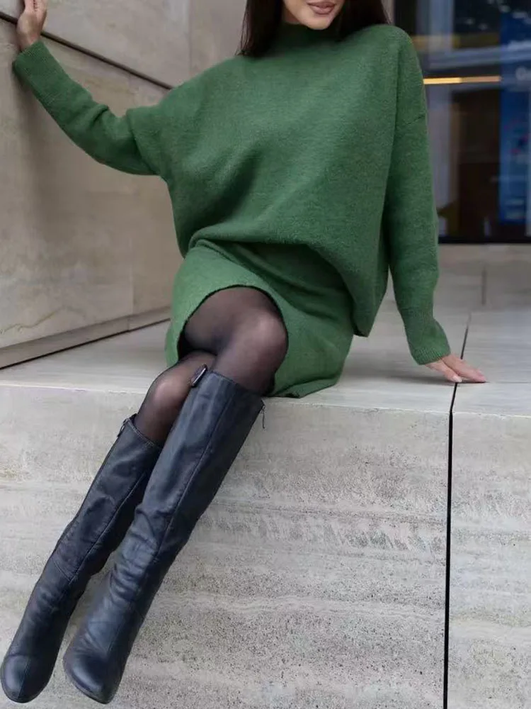 

A-Line Skirts Set Casual Long Sleeve Warm Suits Autumn Winter Solid Knitted Sweater Outfit Women Half High Collar Top Pullover