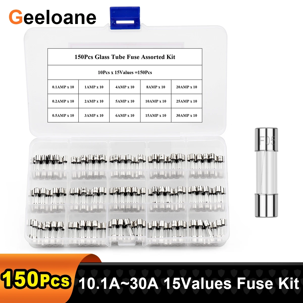 

150Pcs Glass Tube Fuse Kit Quick Blow Fast-Blow Glass Fuses 5x20mm 0.1A~30A 15Values x 10Pcs Assorted Set Storage Box