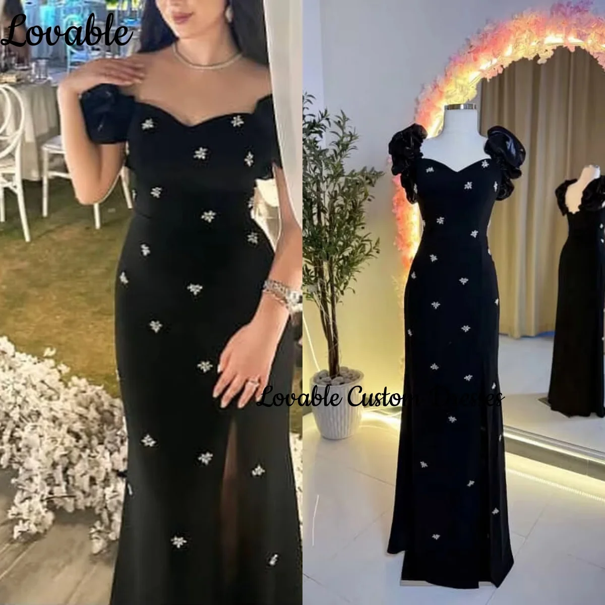 

Dubai Luxury Evening Dress Customize Mermaid Floor-Length Ruffle Dresses For Prom Square Neckline Zipper Up Short Sleeves Vestid