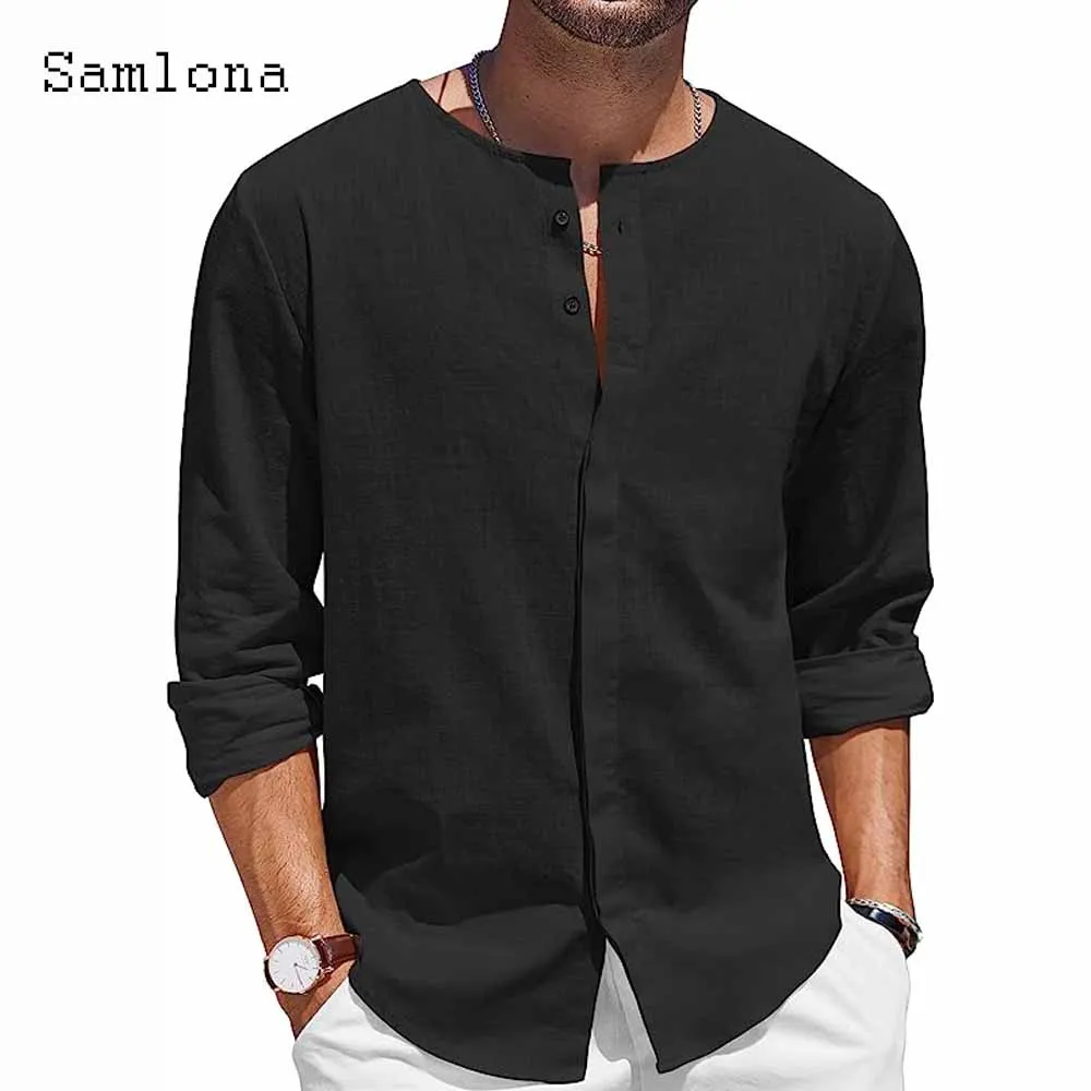 Men Collarless Linen Shirts Clothing 2023 Single Breasted Tops Solid Blue Simple Beach Shirt Mens Long Sleeves Casual Blouse