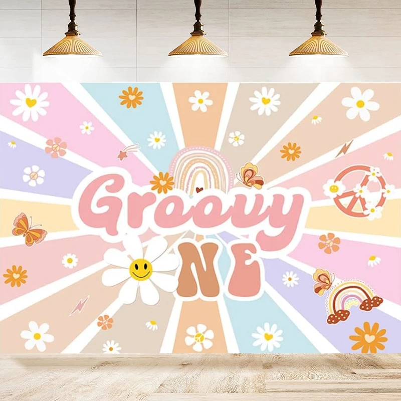 

Фон для фотосъемки Groovy One для милых девочек в стиле бохо, Радуга, декор для дня рождения, хиппи, маленькая ромашка, цветочный фон с бабочкой