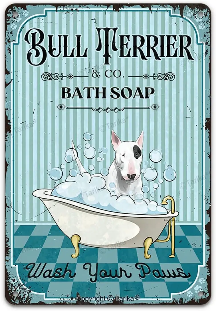 Vintage Dog Metal Tin Sign Bull Terrier Co. Bath Soap Wash Your Paws Funny Lovely Dog Puppy Pet Art Printing Poster Bathroo