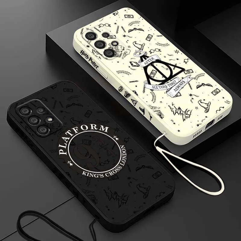 Capa de Celular Líquida com Cordão Esquerdo e Logo Harry Potter para Samsung Galaxy A73 A71 A55 A54 A53 A51 A17 A16 A07 A06 A05