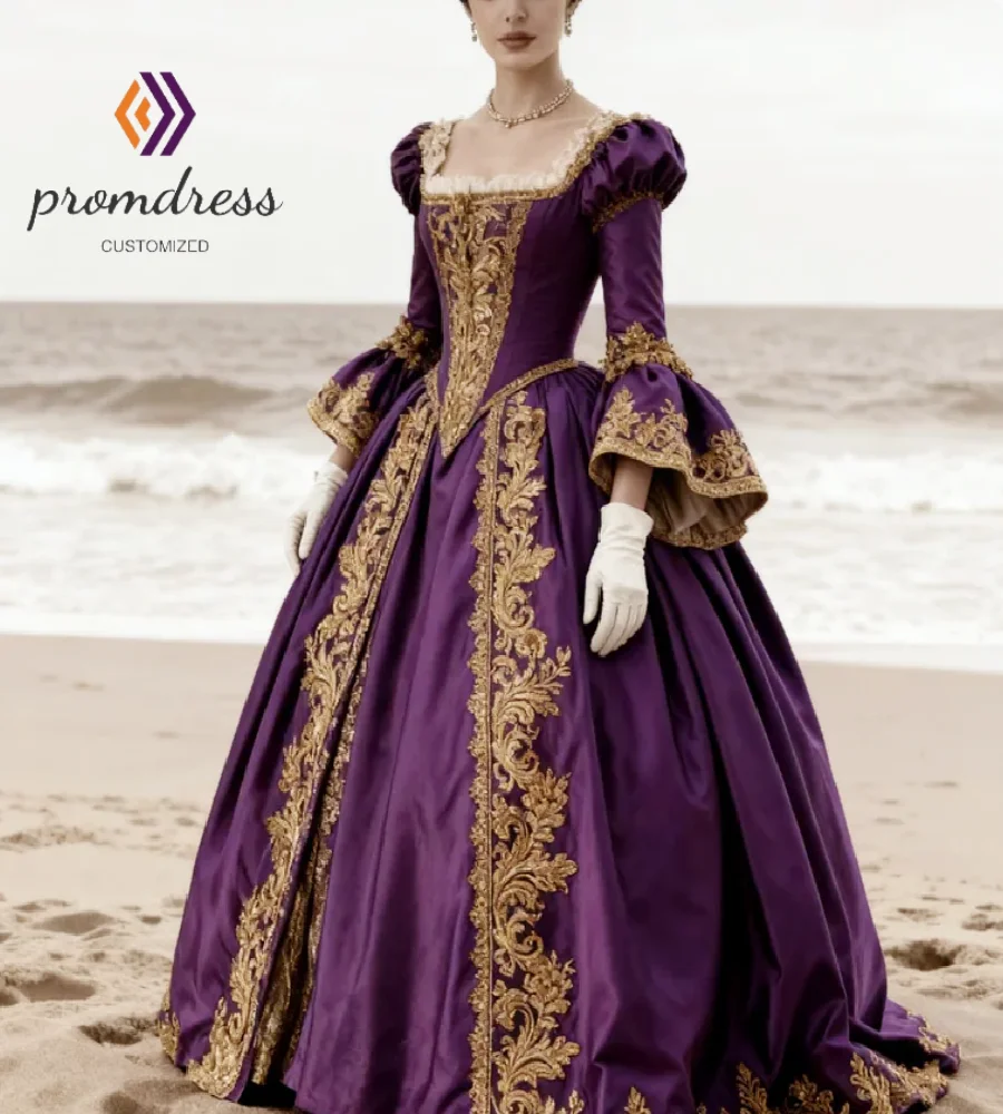 

Purple Rococo Victorian Evening Gowns 18th Century Marie Antoinette Prom Dress Bell Sleeve Gold Lace Renaissance Formal Party
