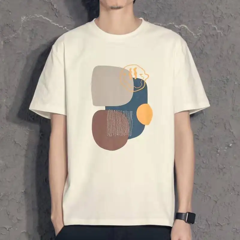 

Men's Clothing Cotton T-Shirt Summer Short Sleeve Hong Kong Style Loose Fit Casual Trendy Solid Color Print Streetwear Top