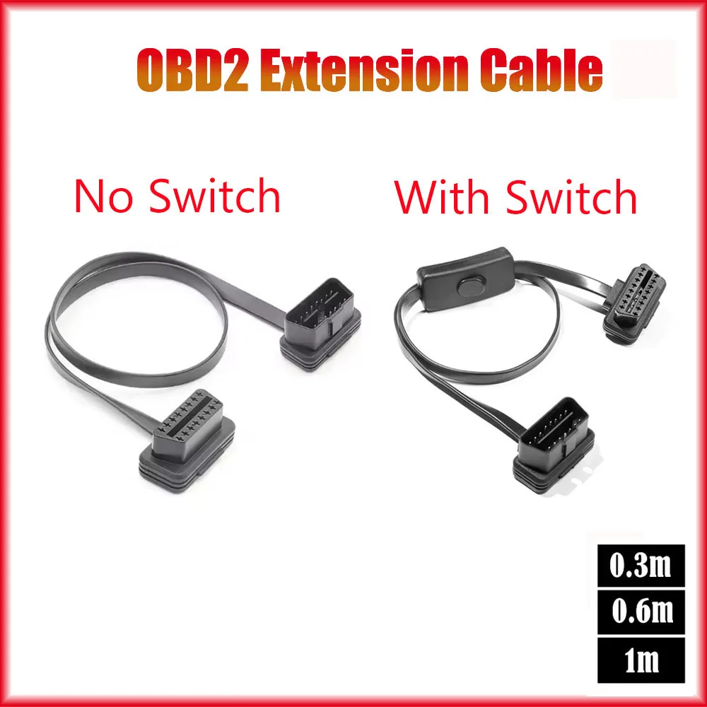 OBD2 Extension Cable Male To Female With Power OBD Switch OBD Elbow Flat Cable GPS Track ELM327 Vehicle Inspection Line 8 Core