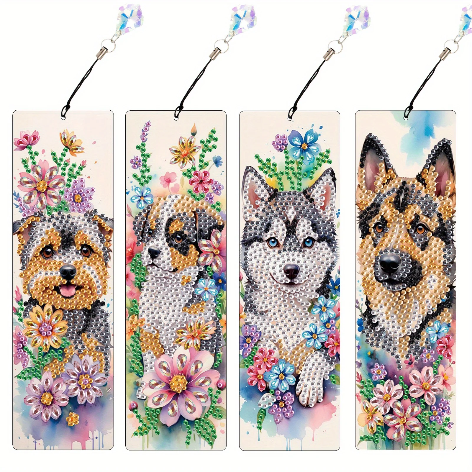 4-teiliges Diamantkunst-Lesezeichen-Set für Erwachsene, DIY Niedliches Hunde-Lesezeichen mit Bling-Kristallanhänger für Zuhause, Büro, Geschenk