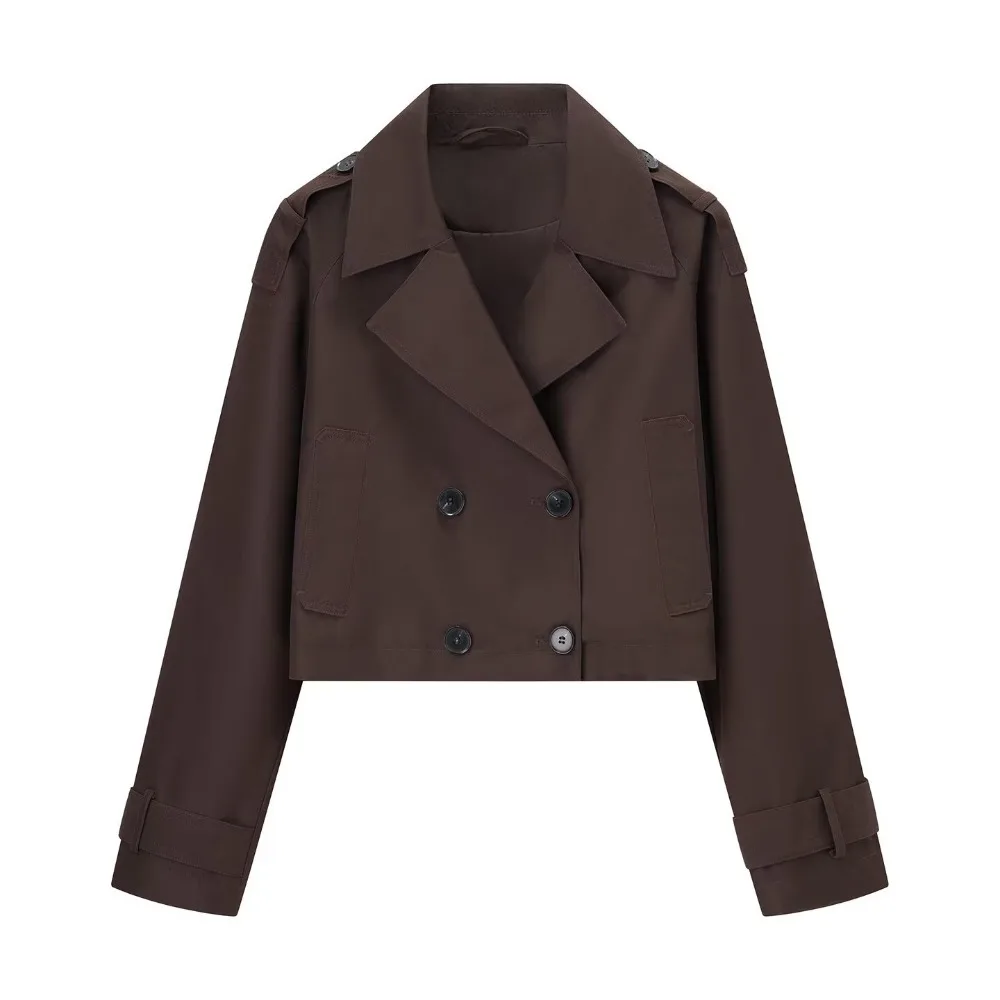 

TRAFZR Women's Trench Coat Brown Long Sleeve Urban Solid Cropped Casual Classic 2025 Trend Jackets Outerwears Trench Coat Woman