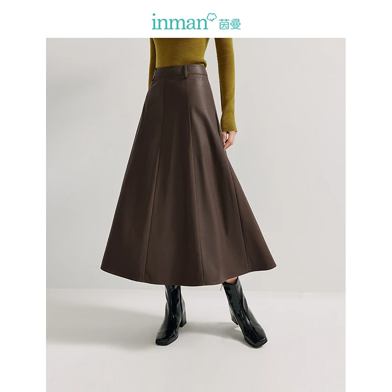 

INMAN 2024 Autumn winter Vintage high-waisted women's skirt PU leather temperament commuter slimming A-line swing skirt