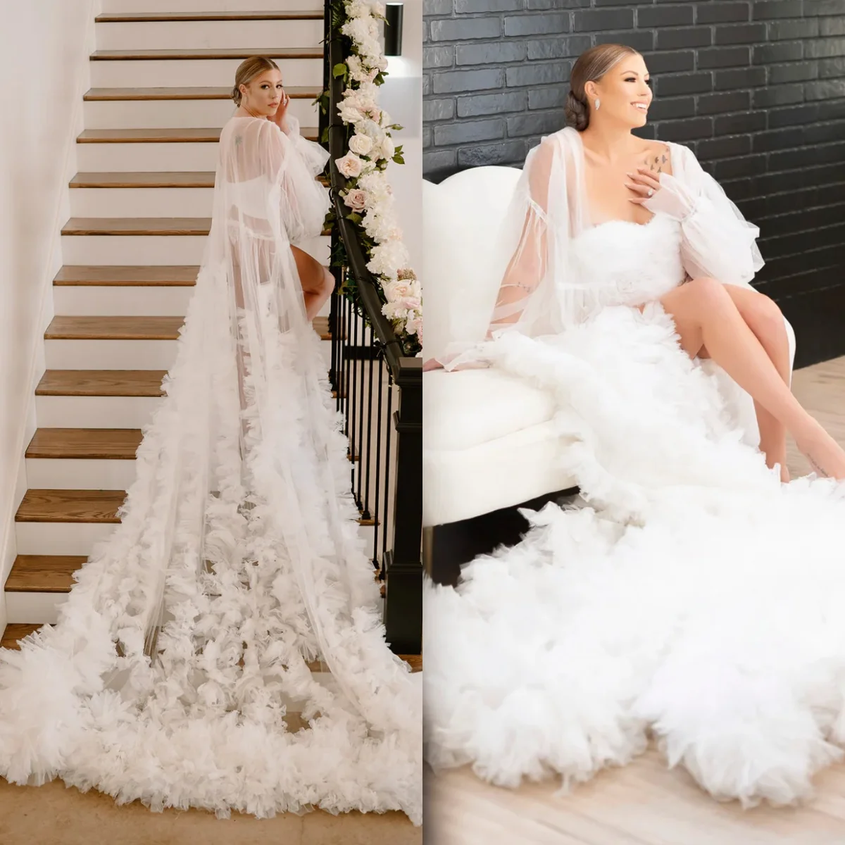 Puffy Ruffles Abito da sposa Increspato Tulle Manica lunga Donna Accappatoio Incinta Partito Indumenti da notte Pieghe trasparenti Camicia da notte Personalizzata