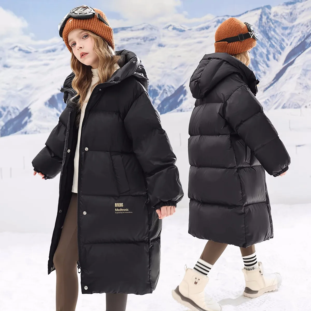 

Winter Warm Girls Stylish Gold Letters Long Hooded Zip Puffer Jackets School Kids Thick Coats Children Outfit Windbreaker 4-16Yr
