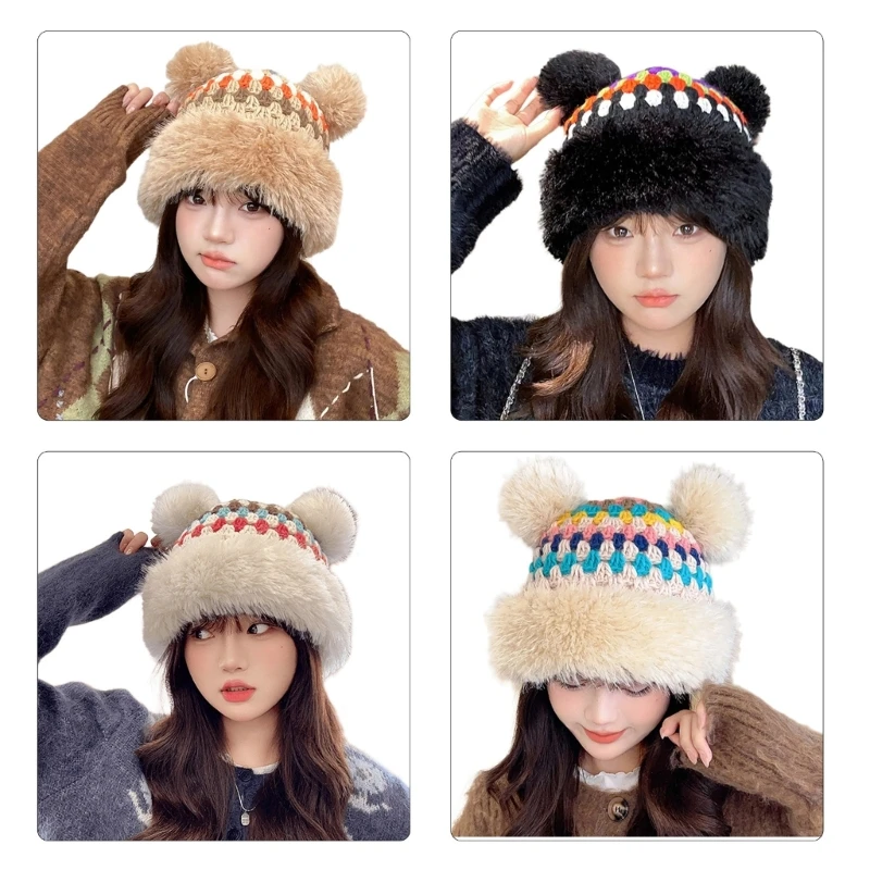 

Bear Pattern Hat Adult Soft Plush Hat Thicken Female Hat Versatiles Stylish Hat K3KF