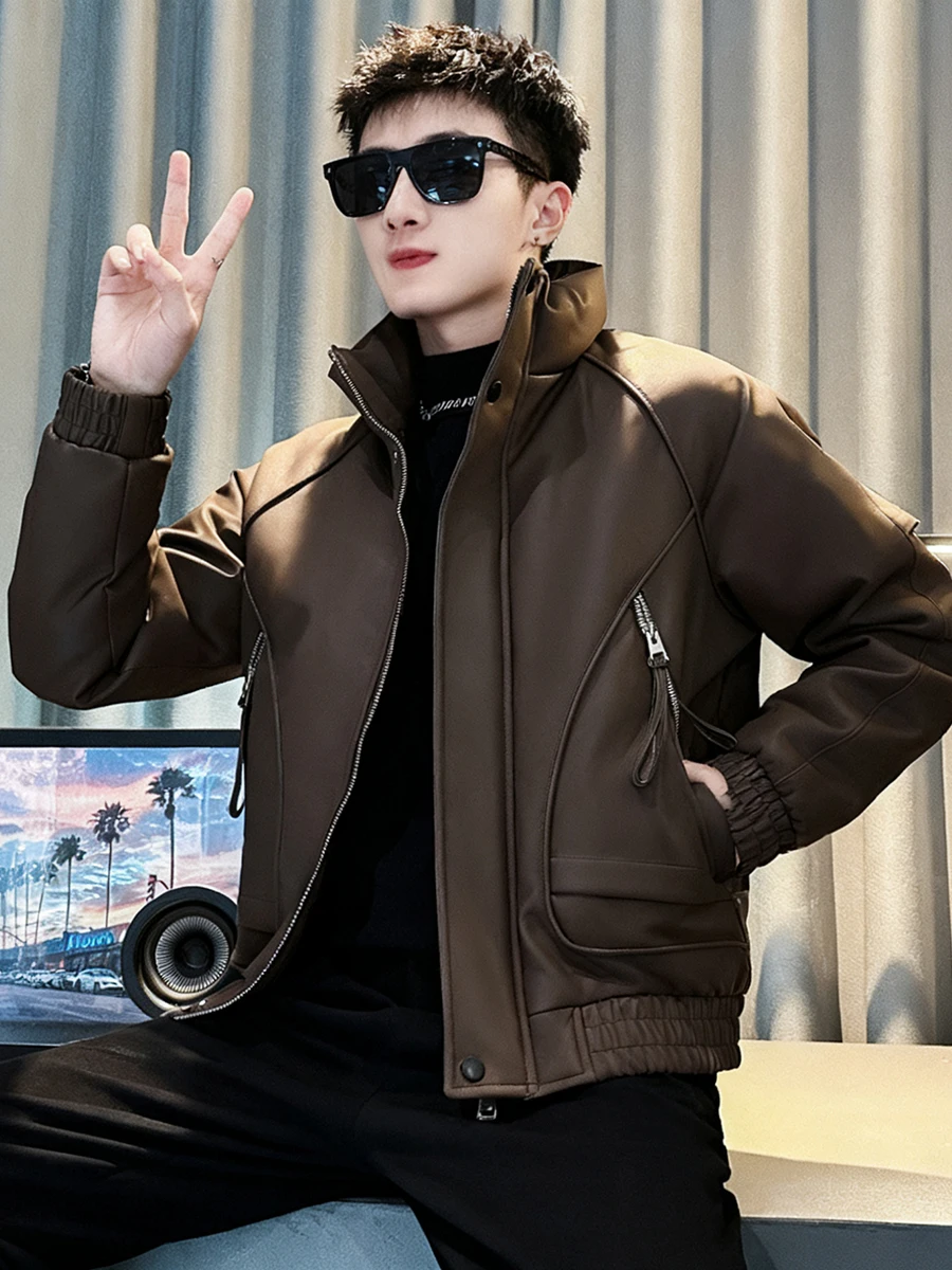 

Men's Thiened PU Leather Jaet Autumn Winter Faion Brand Slim Fit Zipper Closure Cotton Lined ort Sle Cool Haome
