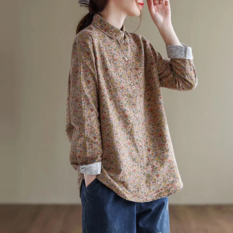 Women Long Sleeve Casual Shirts New Arrival 2022 Spring Vintage Style Floral Print Cotton Linen Ladies Elegant Tops B1575