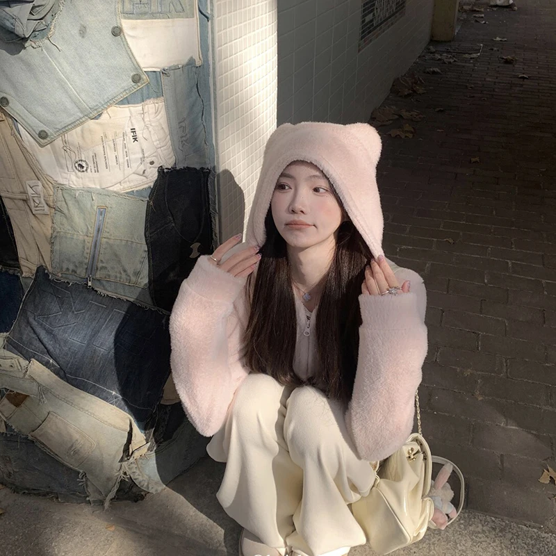Cute Bear Ear Hooded Warm Plush Jacket for Women Autumn Winter Slim Fit Thick Outerwear Woman Casual Solid Zipper Sweatshirt