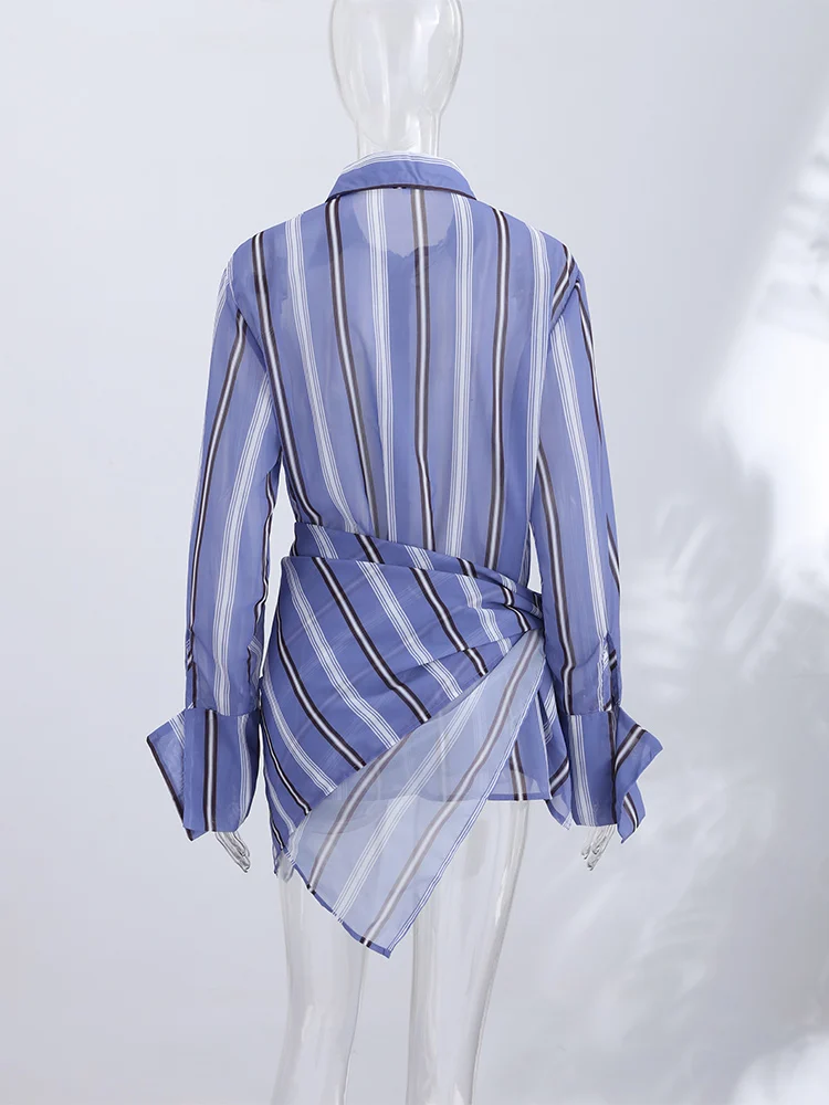 Gestreiftes, durchsichtiges Revers-Langarmhemd mit Hose für Damen – Sexy Bluse mit unregelmäßigem Saum und ausgestellter Hose – Schickes Damen-Set – Detail 20