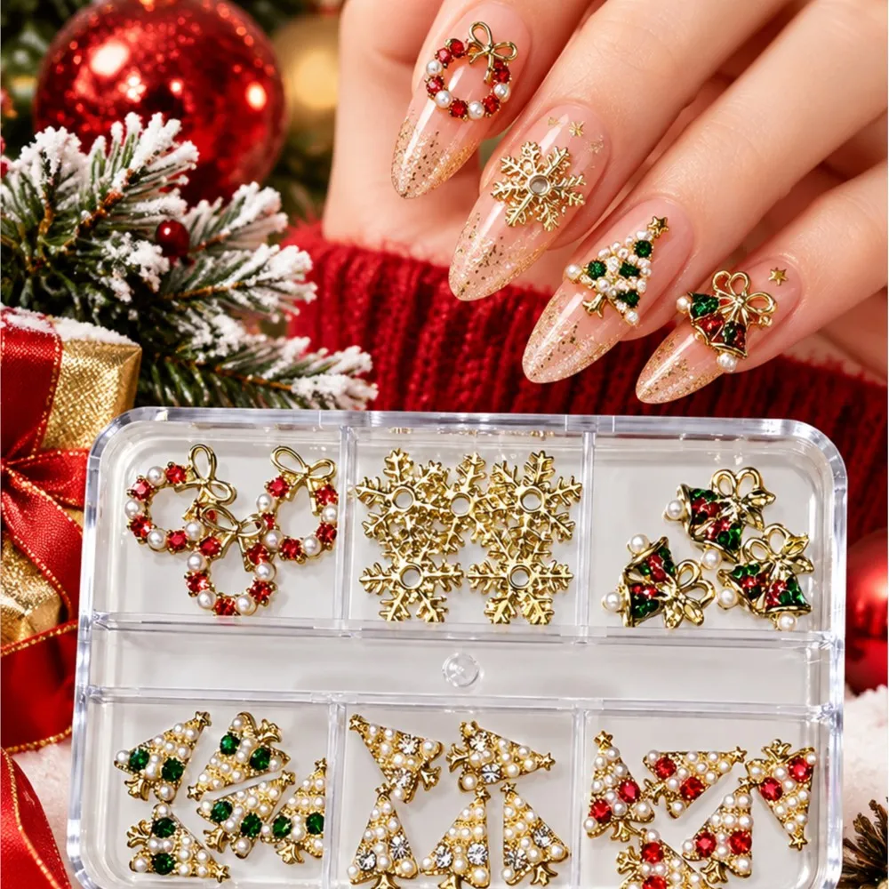 6 Grids 3D Christmas Alloy Nail Charms Gold Metal Mixed Snowflake Bell Wreath Nail Decoration Winter Xmas DIY Manicure Supplies