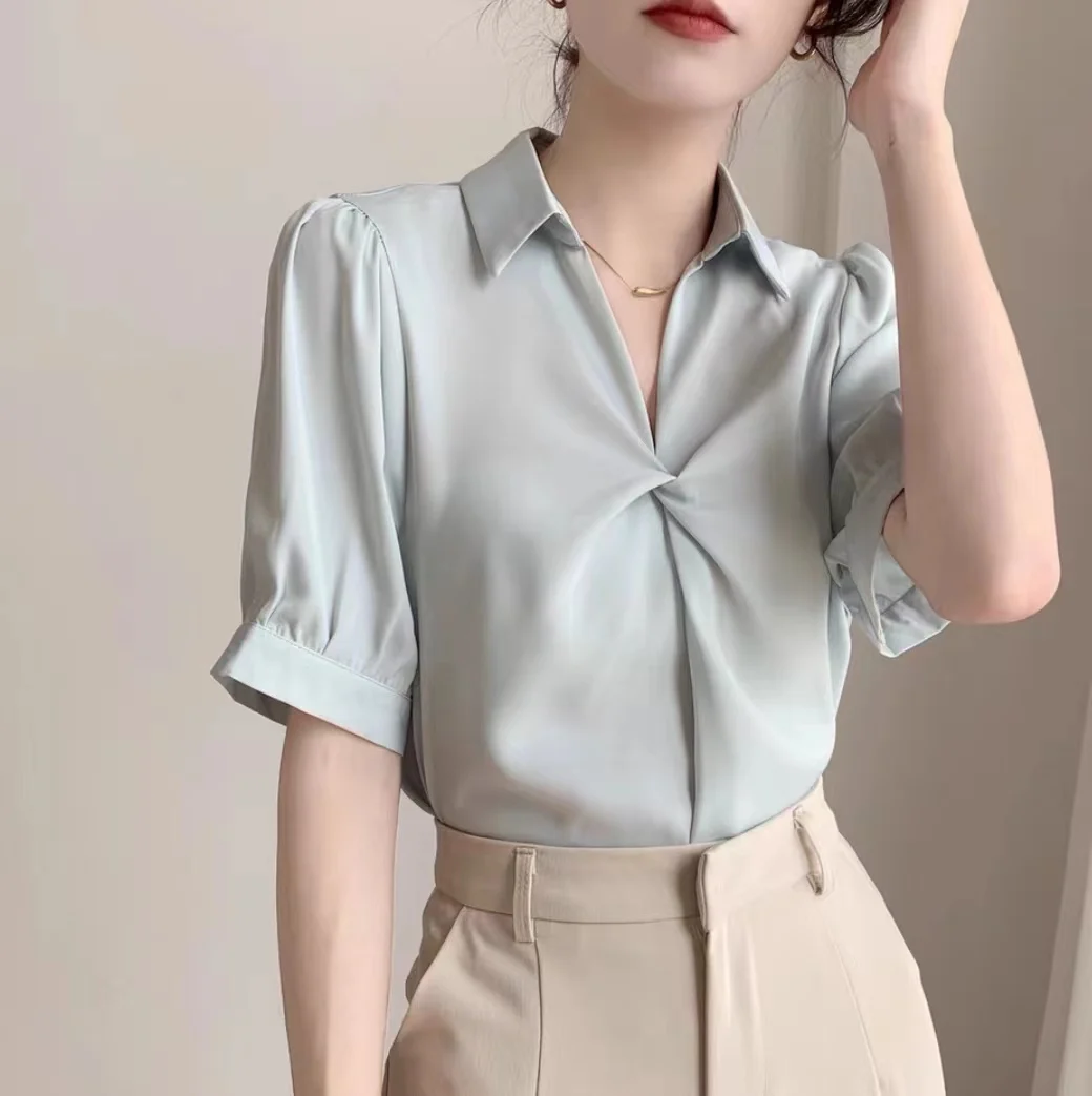 Summer Women\'s Short Sleeve V-neck French Bubble Sleeve Solid Color Pleated Chiffon Shirt Blouse Ladies Tops Female Clothes New