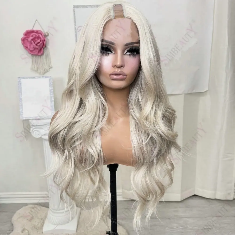 Klebefreie Platinblonde Natürliche Welle 1x4 Größe U-Part-Perücken aus Echthaar für Frauen, Lang 26 Zoll, Vollmaschinell Hergestellt, V-Part-Perücke – Detail 1