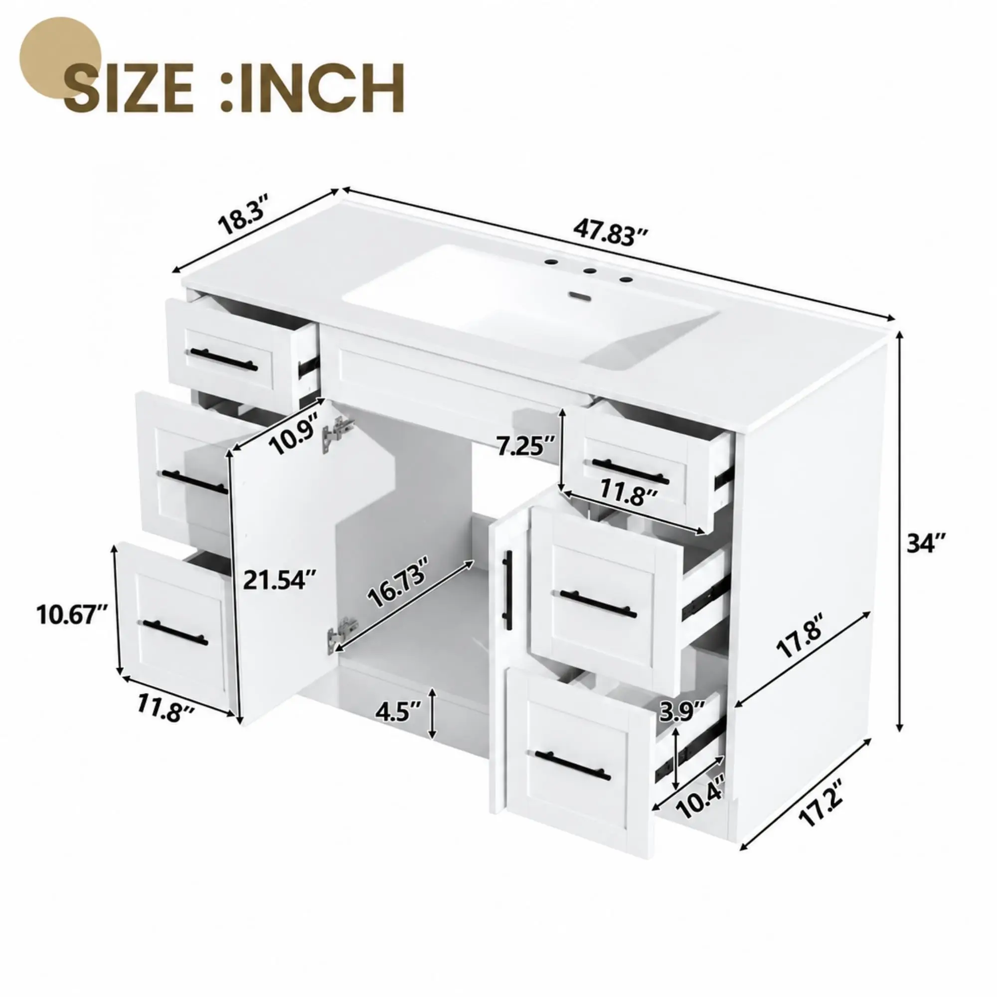 48 Inch Bathroom Vanity with Sink, Freestanding Bathroom Vanity with Resin Sink, 6 Storage Drawers and 2 Soft-Closing