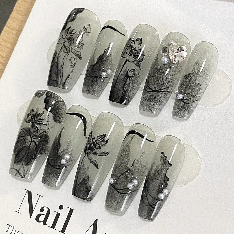 

Накладные Ногти В Китайском Стиле С Черными Чернилами Патчи С Листьями Лотоса Жемчужинами Ручной Работы Накладные Ногти