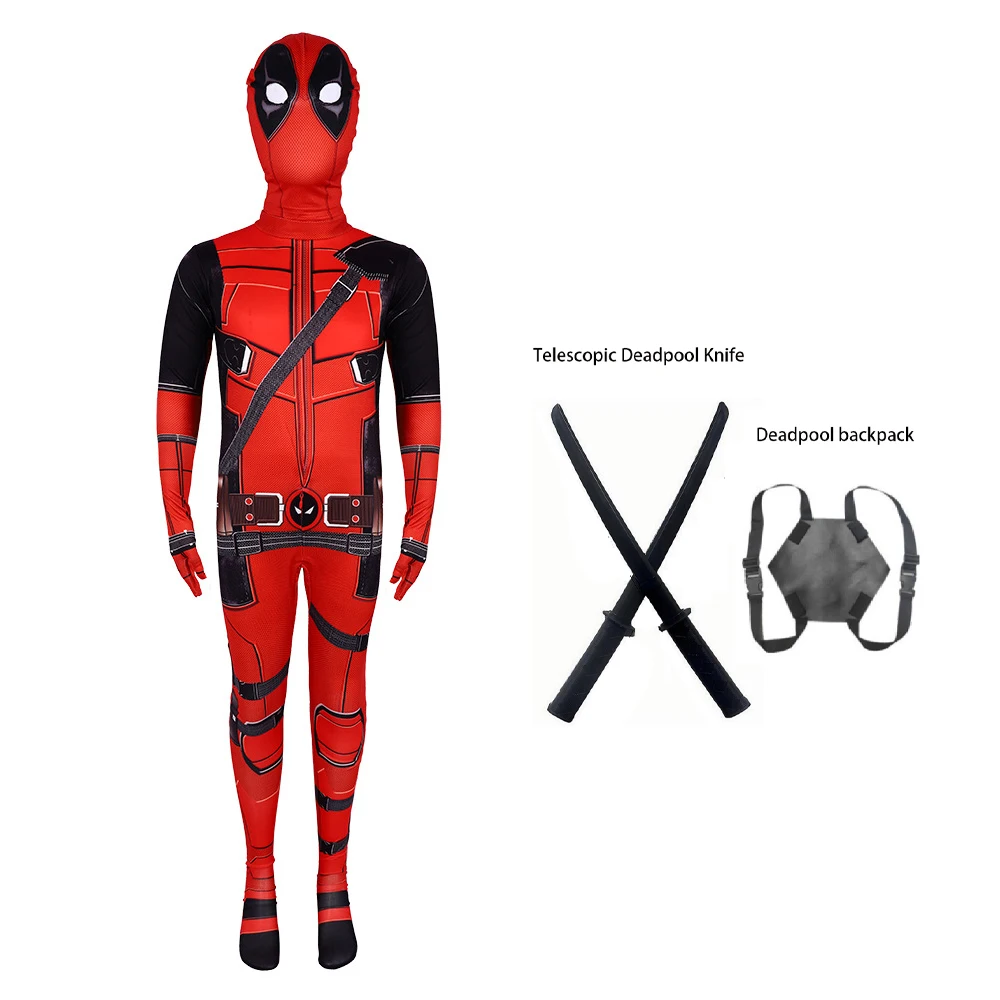 Superhero Deadpool Costume Men Women Cosplay Jumpsuit Suit Backpack Knif Accessories Boys Fantasy Movie Character Holiday Set